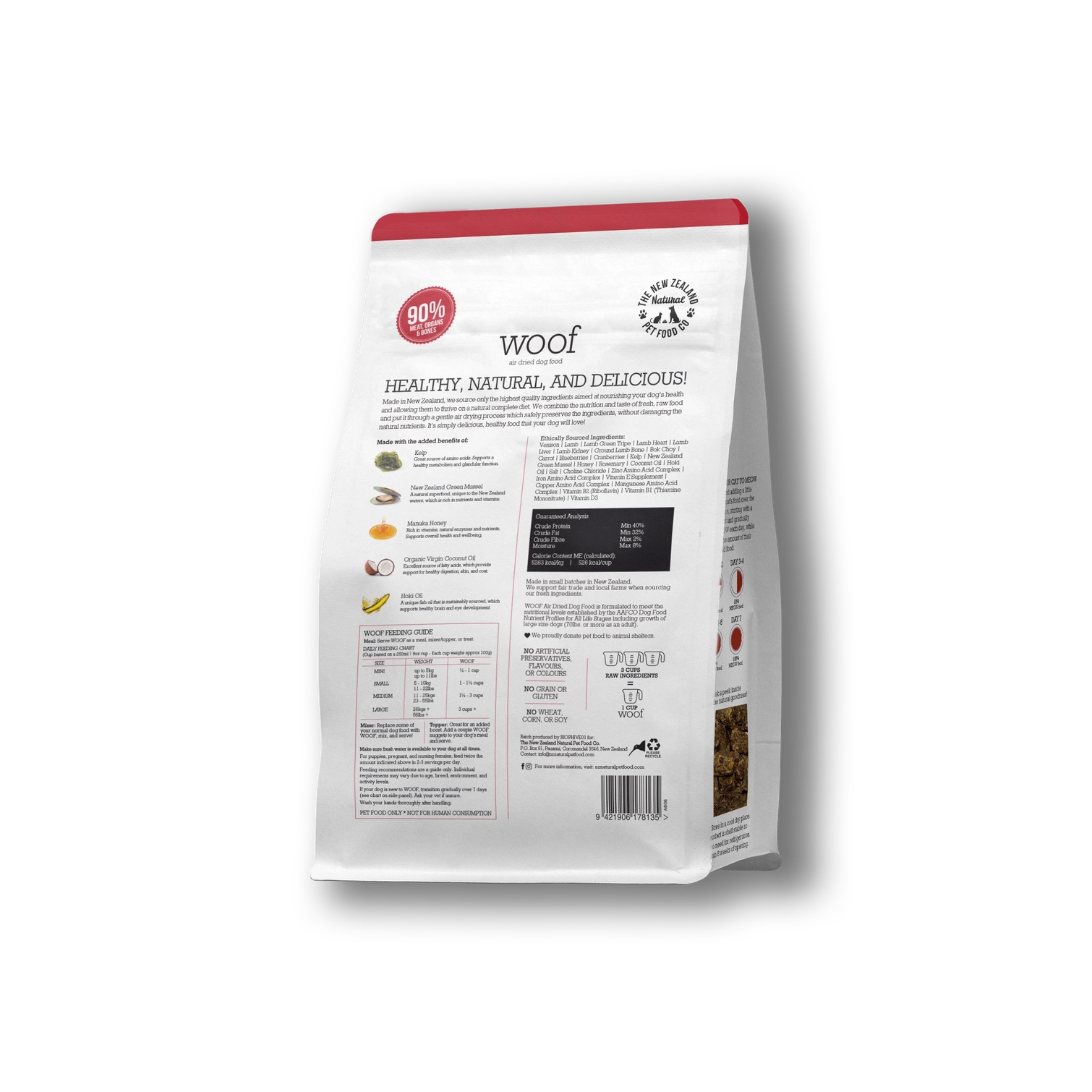 The New Zealand Natural Pet Food Co venison air dried dog food bag showcasing healthy ingredients and nutritional information