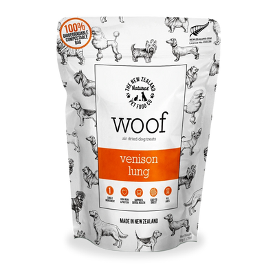 The New Zealand Natural Pet Food Co venison lung dog treats in a resealable bag with playful dog design