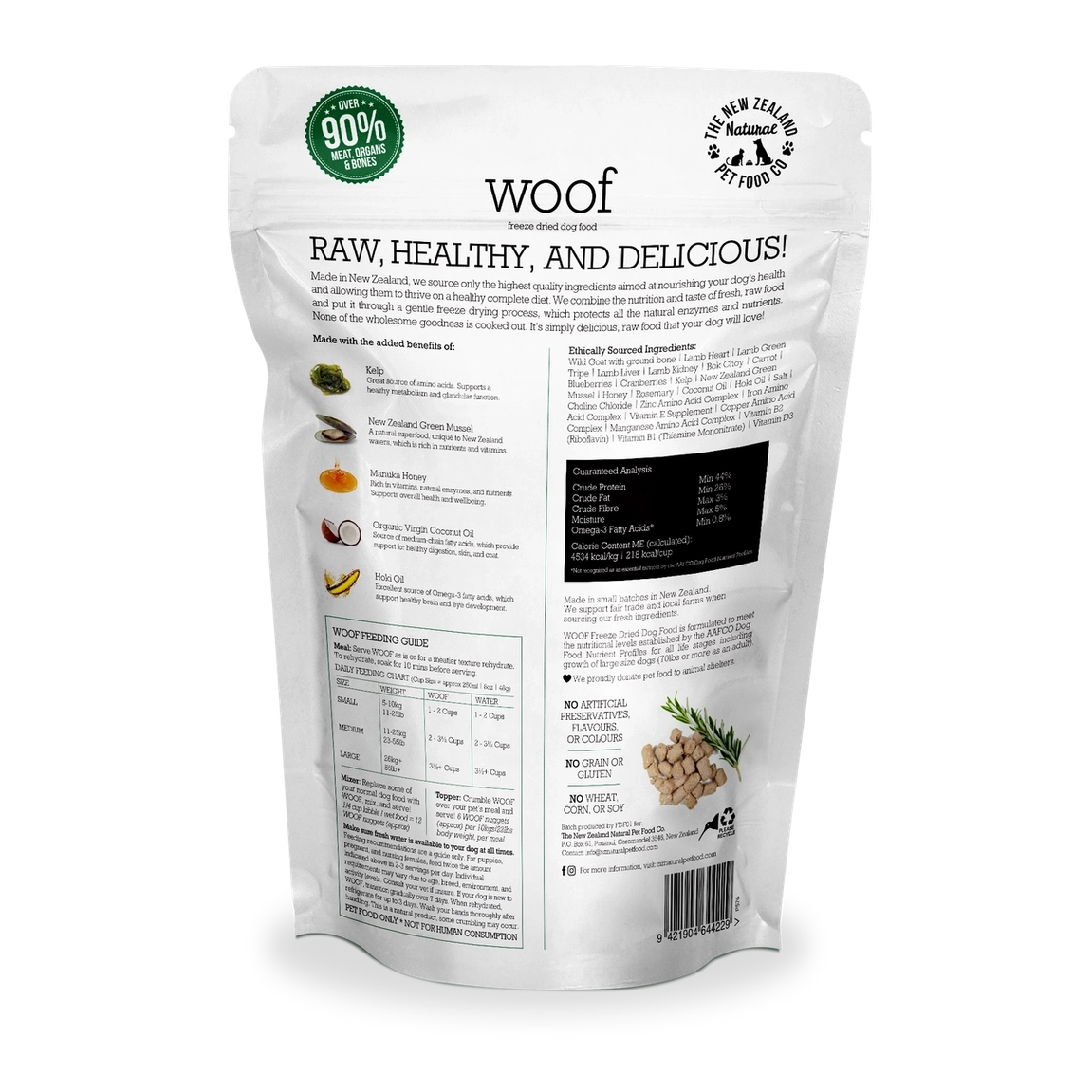 Back of The New Zealand Natural Pet Food Co wild goat freeze dried dog food bag with nutritional information