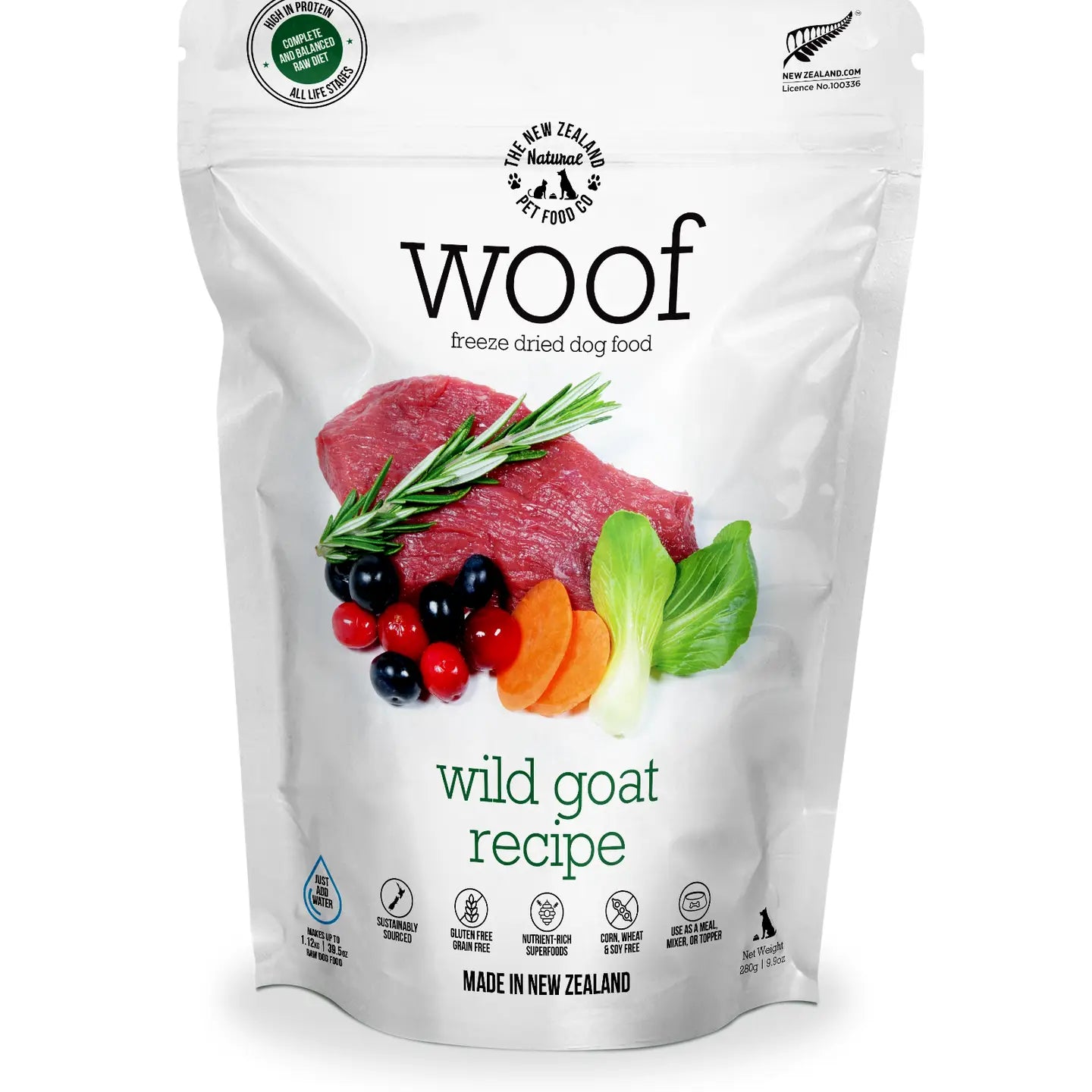 The New Zealand Natural Pet Food Co wild goat freeze dried dog food in a resealable pouch