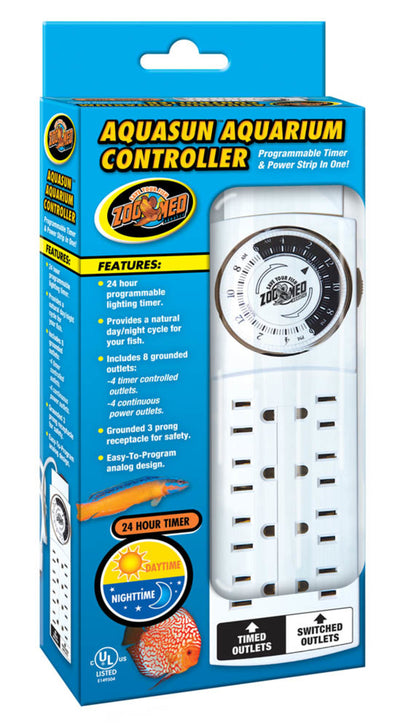 A blue box labeled Zoo Med AquaSun Aquarium Controller Timer and Power Strip by Zoo Med Laboratories displays a 24-hour programmable analog timer with four grounded outlets for aquariums, visible through a clear window.