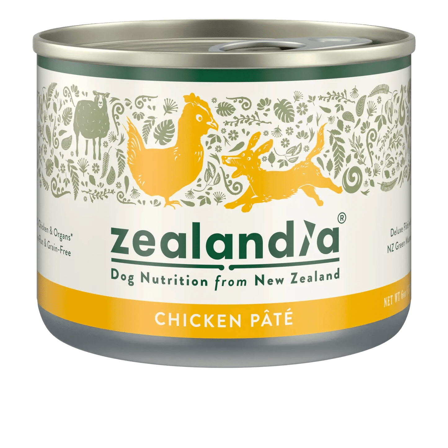 Zealandia chicken Pate wet dog food in a tin, featuring natural ingredients for healthy pets