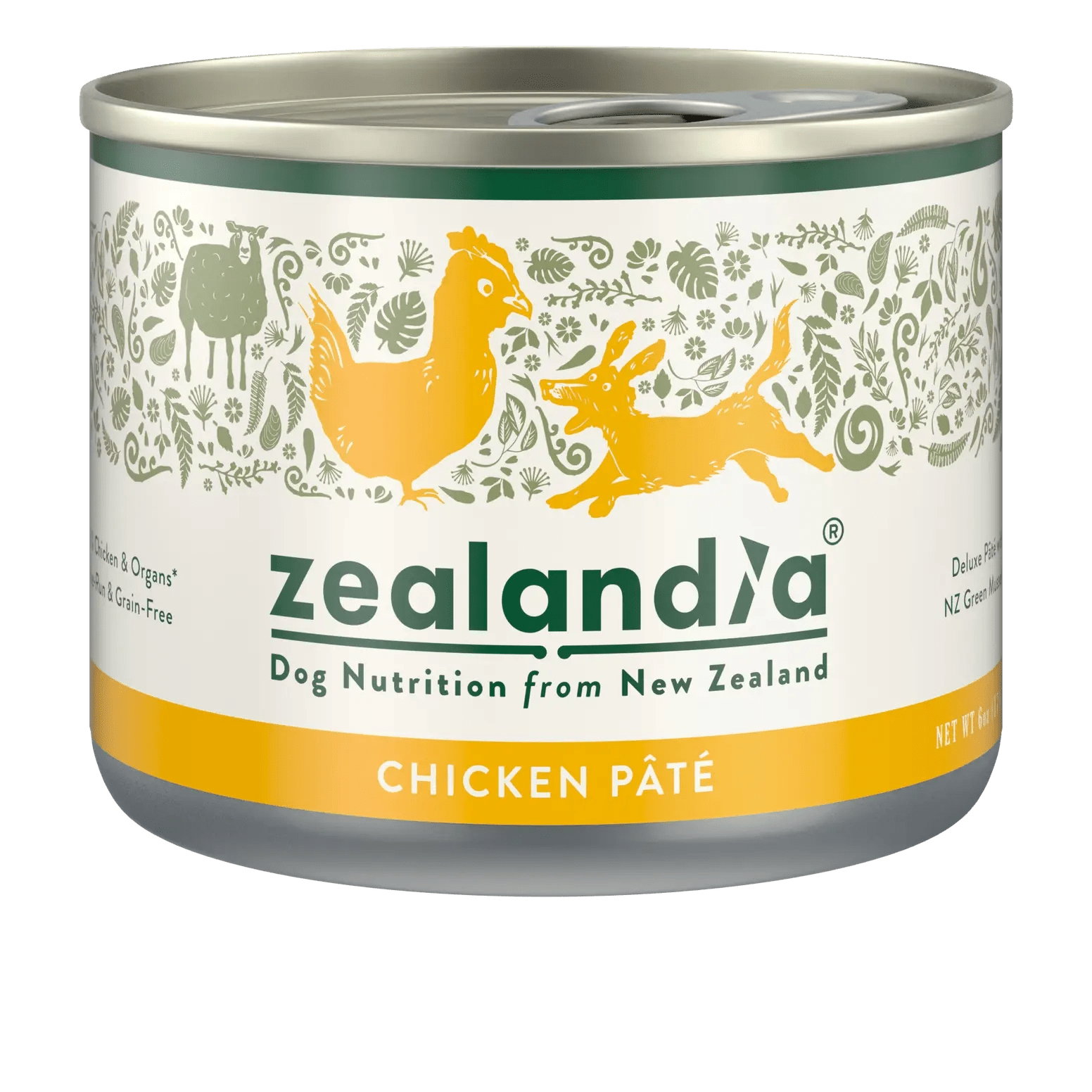 Zealandia chicken Pate wet dog food in a tin, featuring natural ingredients for healthy pets