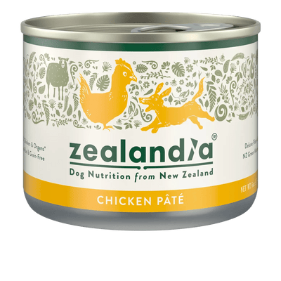 Zealandia chicken Pate wet dog food in a tin, featuring natural ingredients for healthy pets