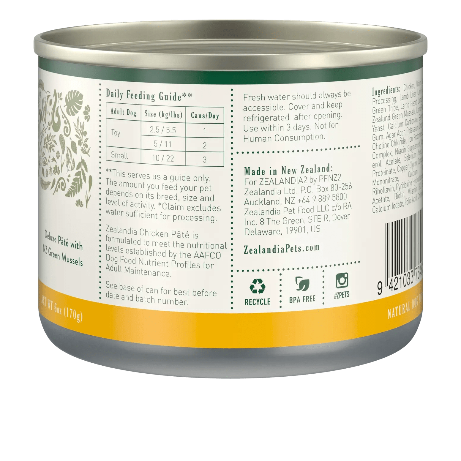 Zealandia chicken Pate wet dog food in a can, crafted for nutritious meals for your canine