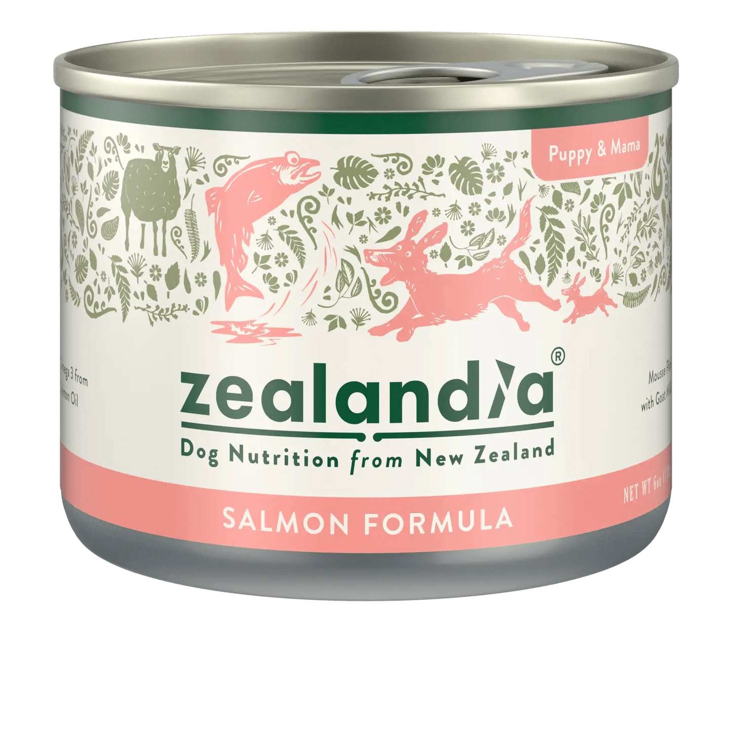 Zealandia Salmon Formula high protein wet puppy food in a sleek can, ideal for growing puppies
