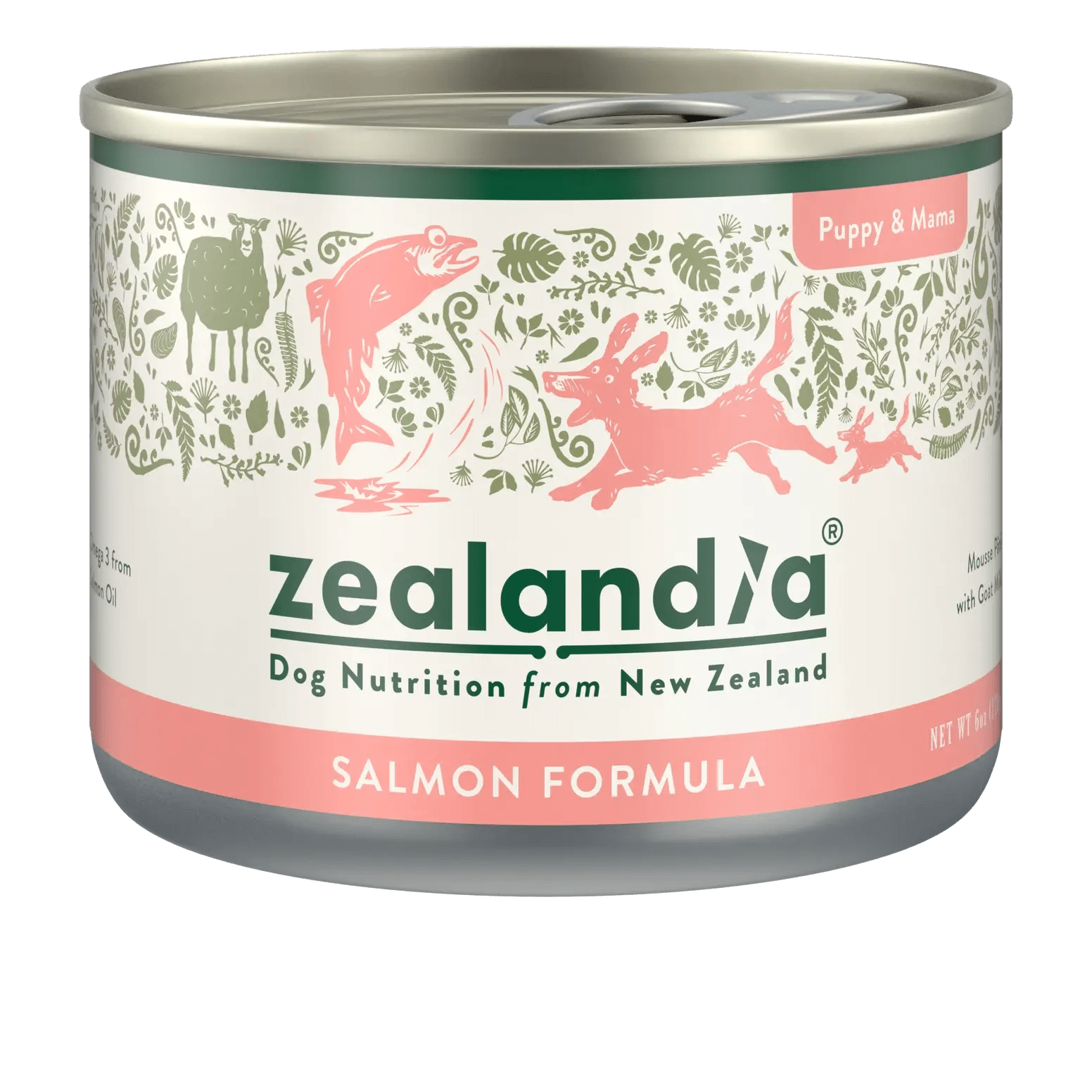 Zealandia Salmon Formula high protein wet puppy food in a sleek can, ideal for growing puppies