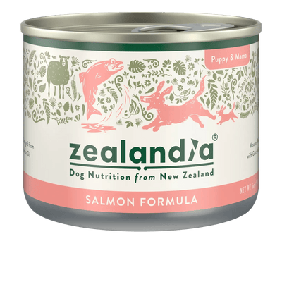 Zealandia Salmon Formula high protein wet puppy food in a sleek can, ideal for growing puppies