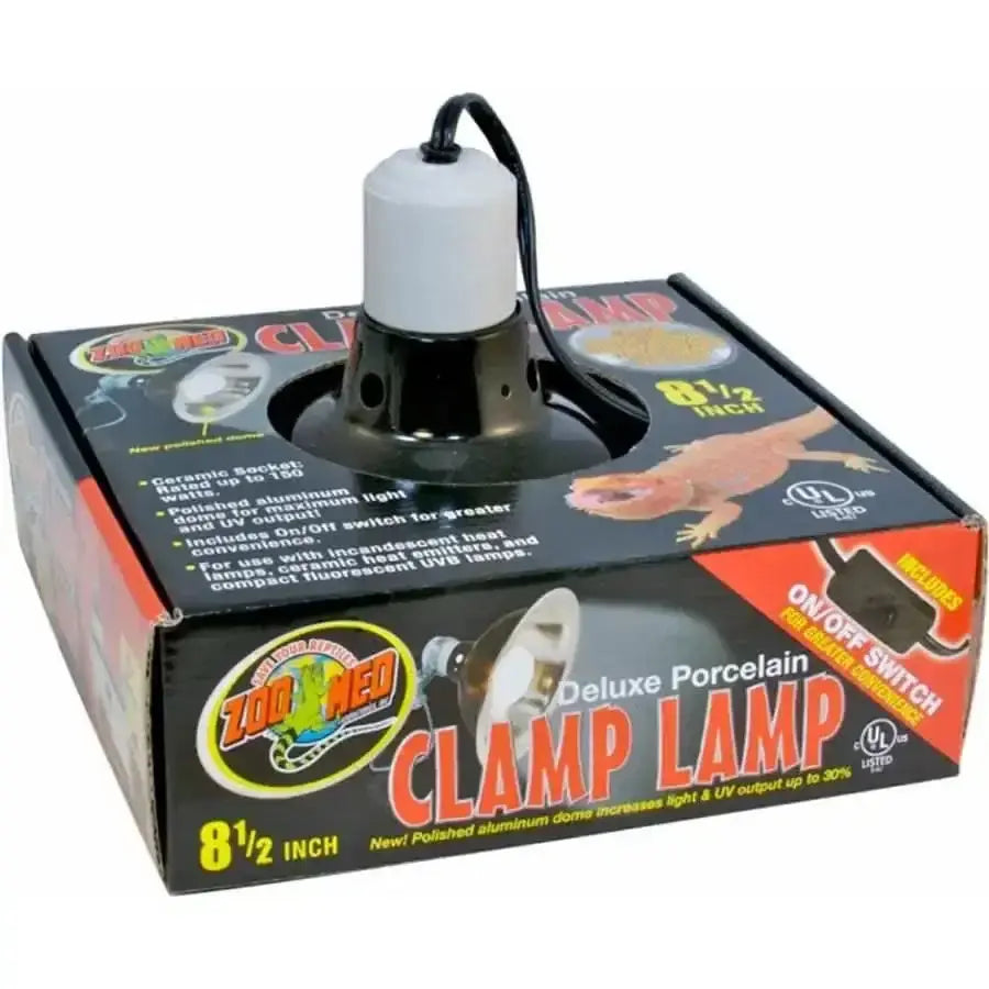 Zoo Med porcelain clamp lamp with adjustable arm and on/off switch for reptile lighting