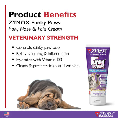 Zymox Funky Paws Paw and Nose Cream for Dogs in a tube, providing hydration and odor control
