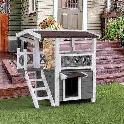 2 Story Outdoor Cat House Weatherproof Wooden Costway