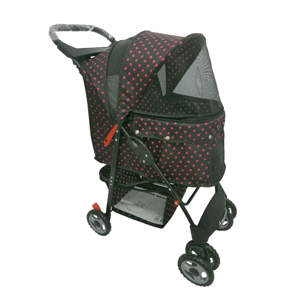 4 Wheel Foldable Deluxe Pink Dot Cats Stroller Lightweight Dog Stroller with Storage Basket Amoroso