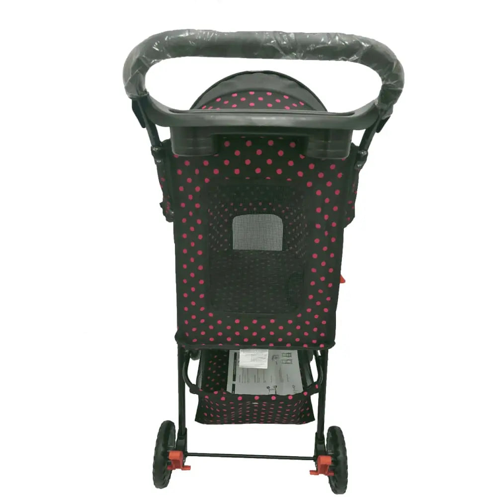 4 Wheel Foldable Deluxe Pink Dot Cats Stroller Lightweight Dog Stroller with Storage Basket Amoroso