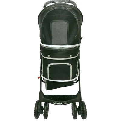 4 Wheel Folding Luxury Dog Stroller Cat Traveling Strolling Cart Black/Silver Amoroso