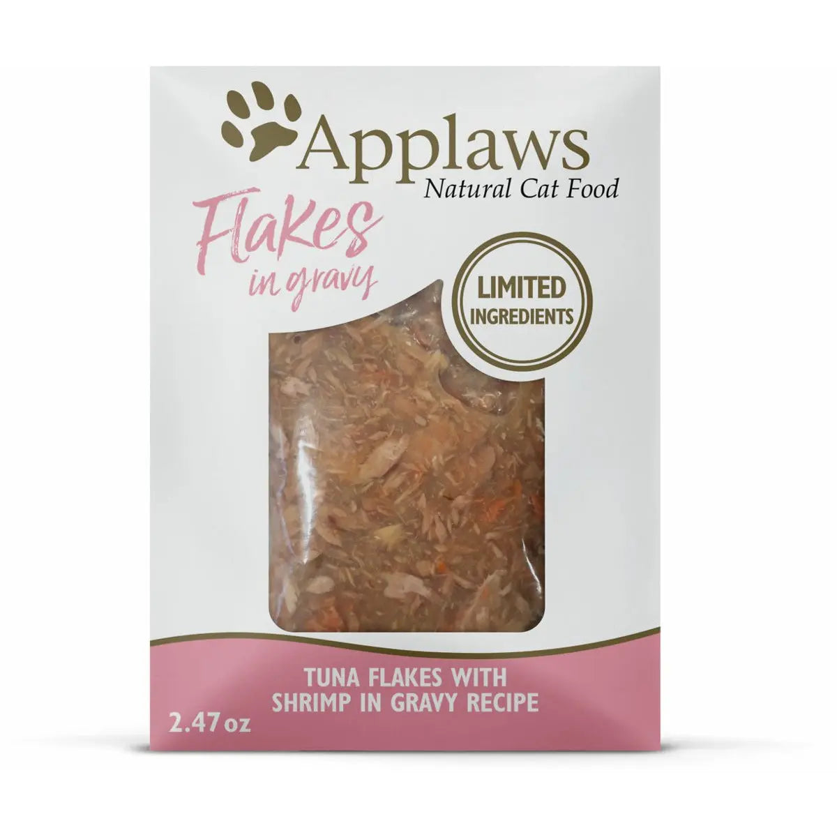 Applaws Natural Wet Cat Food Tuna Flakes with Shrimp in Gravy 2.47oz Pouch 12/cs Applaws
