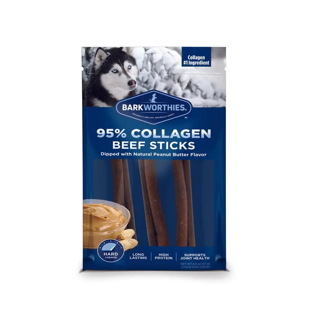 Barkworthies Collagen Beef Sticks Peanut Butter Flavor 6" 3 Pack Barkworthies