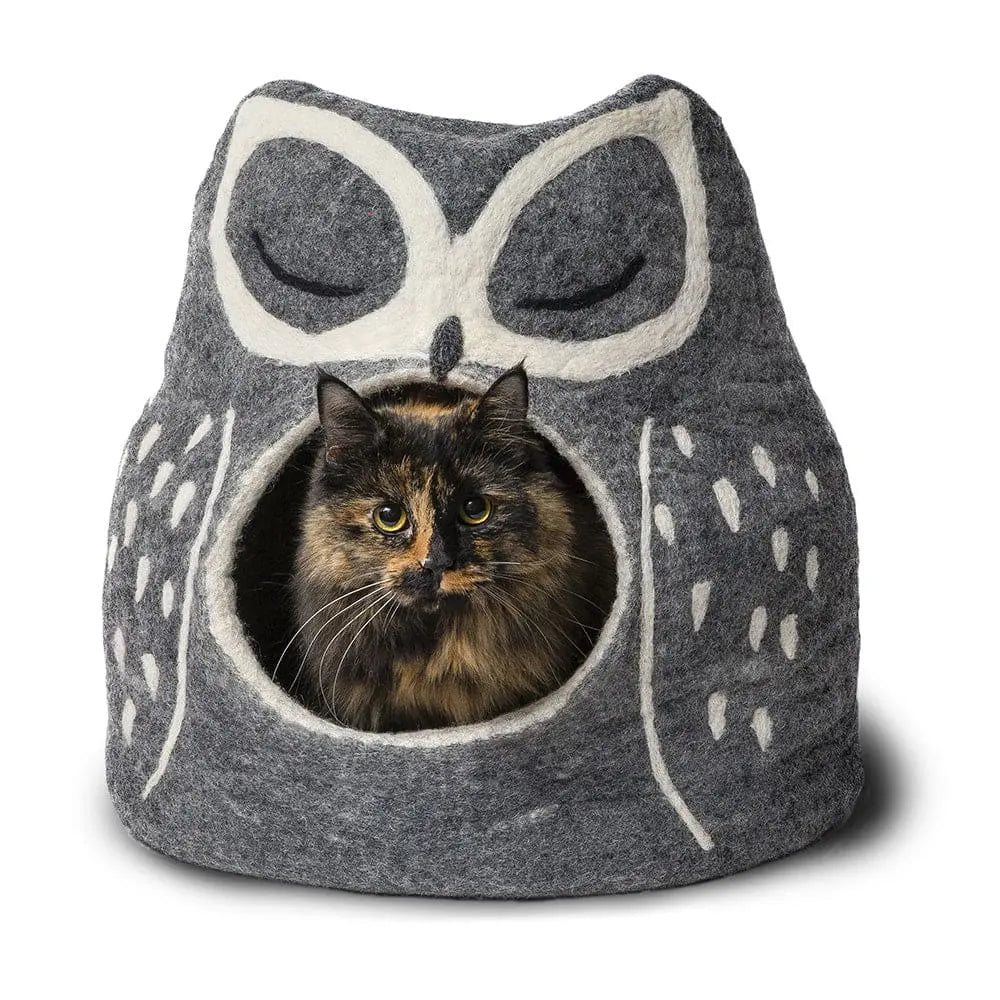 Dharma Dog Karma Cat Wool Pet Cave, Owl, Grey Small Dogs & Cat Bed Dharma Dog Karma Cat