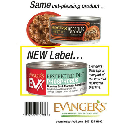 Evanger's EVx Restricted Diet Low Phosphorus Wet Cat Food Boneless Beef Chunks in Broth 24ea/5.5 oz Evanger's