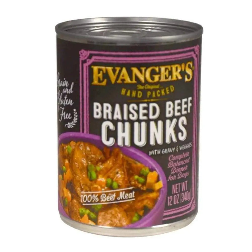 Evanger's Hand Packed Braised Beef Chunks with Gravy Canned Dog Food 12ea/12 oz Evanger's