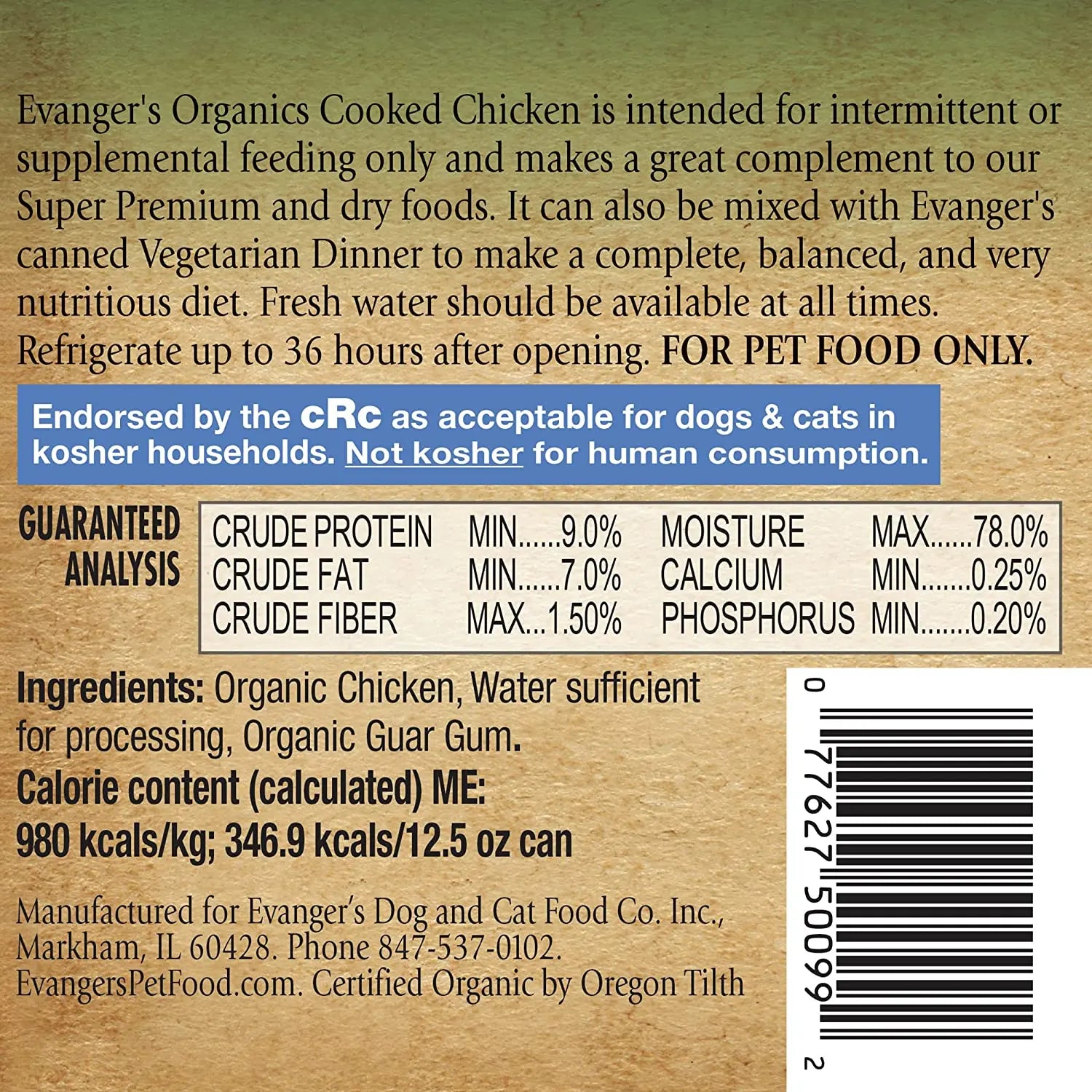 Evanger's Organics Cooked Chicken Canned Dog Food 12ea/12.8 oz Evanger's