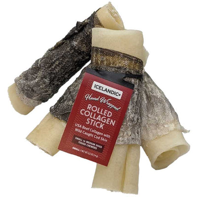 Icelandic Beef Rolled Collagen Stick w/ Wrapped Fish Dog Chew Treats Icelandic