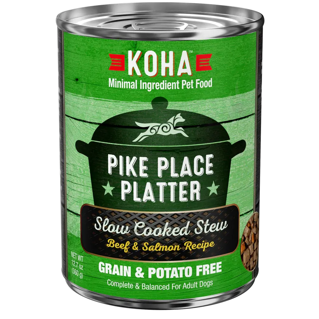 KOHA Pike Place Platter Slow Cooked Stew Beef & Salmon Recipe for Dogs 12.7oz Cans Case of 12 KOHA