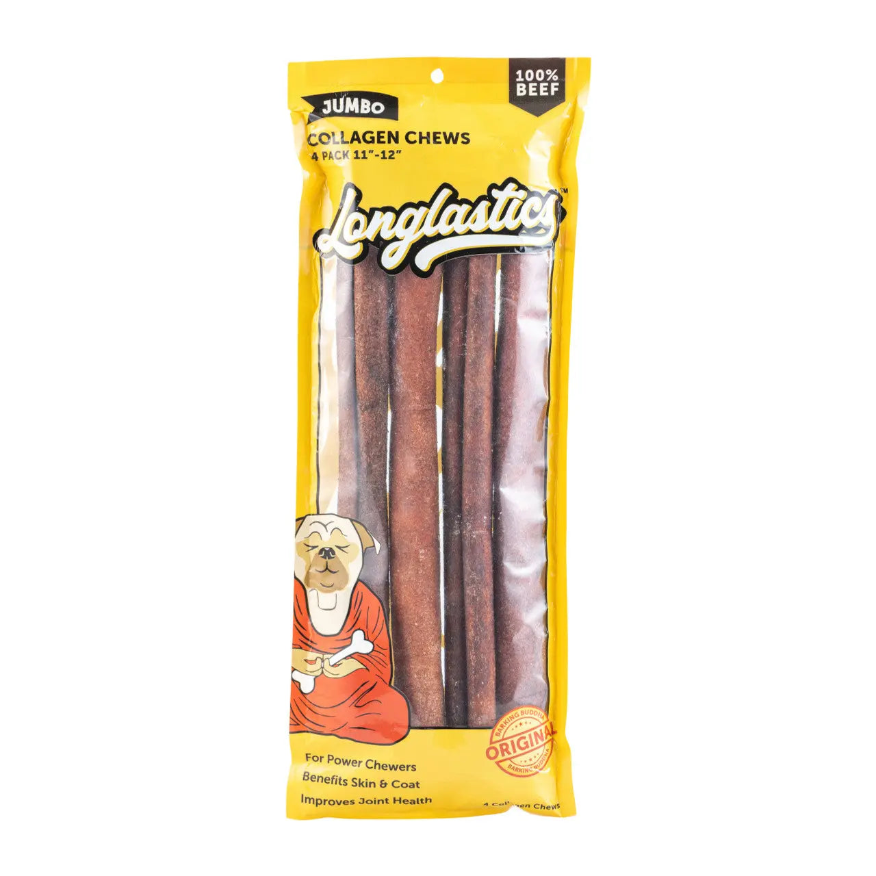 Longlastics Jumbo Collagen Stick 11" to 12" (4 Pack) for Large to XL Dogs / Power Chewers Barking Buddha