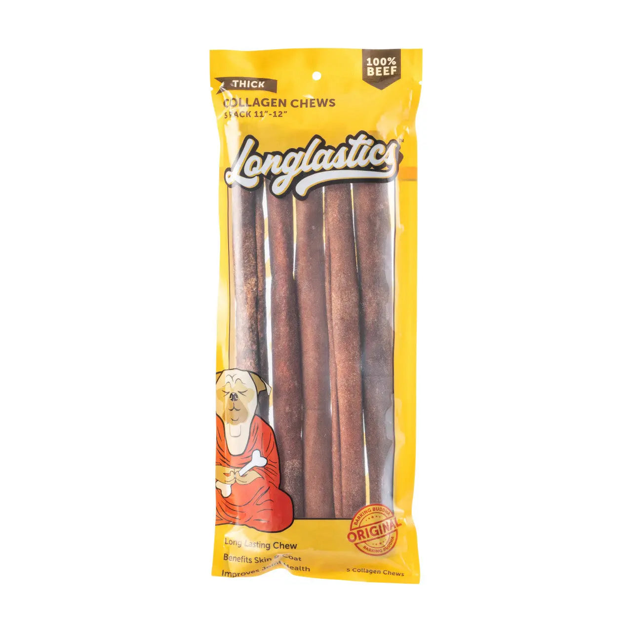 Longlastics Thick Collagen Stick 11" to 12" (5 Pack) for Medium to Large Dogs / Medium Chewers Barking Buddha