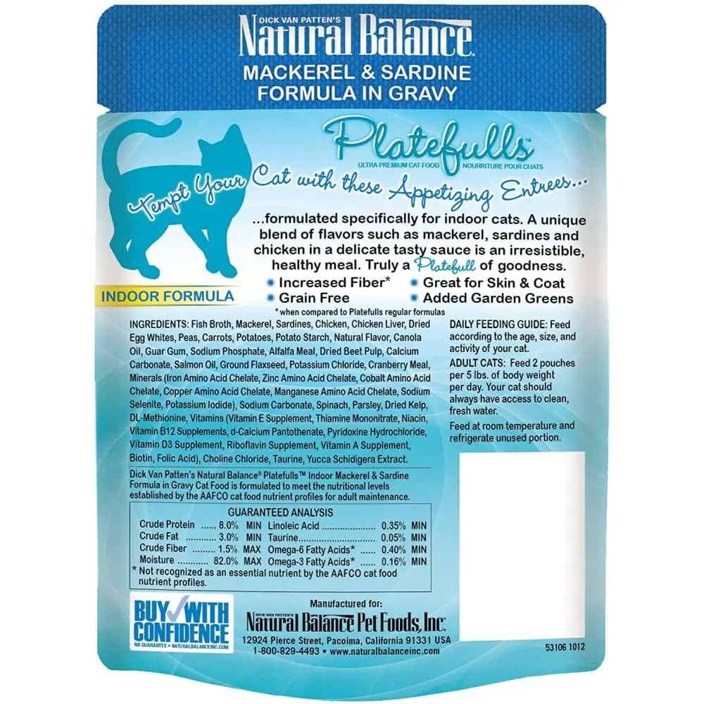 Natural Balance Pet Foods Platefulls Indoor Mackerel & Sardine Formula in Gravy Cat Wet Food 3 oz, Natural Balance CPD