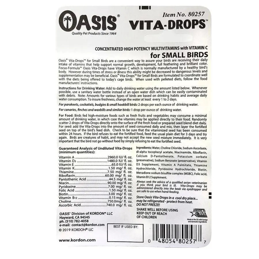 Oasis Vita Drops for Small Birds Multivitamin Supplement 2 Fl. oz Oasis
