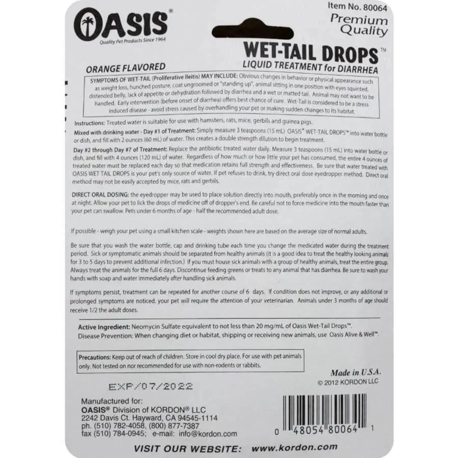 Oasis Wet Tail Drops Diarrhea Treatment for Small Animals 1 Fl. oz Oasis