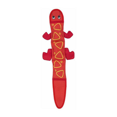 The Outward Hound® Fire Biterz Lizard Dog Toy in large red is made from tough fire hose material, features yellow triangular back patterns and cartoon eyes—ideal for dogs who need durable, fun toys.
