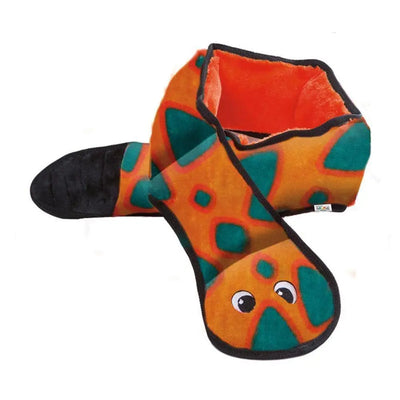 A plush cat tunnel and play mat inspired by Outward Hound® Invincibles Snakes Chews Dog Toys Large, featuring a reptile-striped pattern in orange, green, and black with cartoon eyes—ideal for cats to crawl through or lounge on.