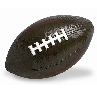 A close-up of the Outward Hound® Orbee-Tuff Football Dog Toy, 6-inch brown with white laces and a textured surface, shown against a white background.
