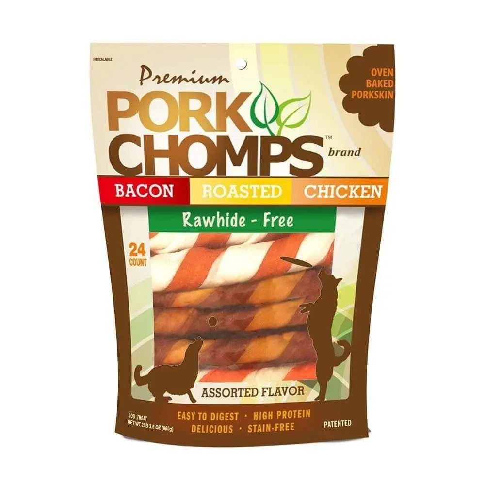 Pork Chomps Assorted Flavor Baked Large Twists Dog Treats 6 Inch 24 Count Pork Chomps