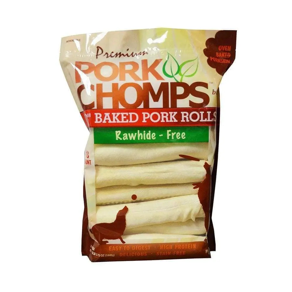Pork Chomps Baked Pork Skin Roll Dog Treats 8 Inch 18 Count Pork Chomps