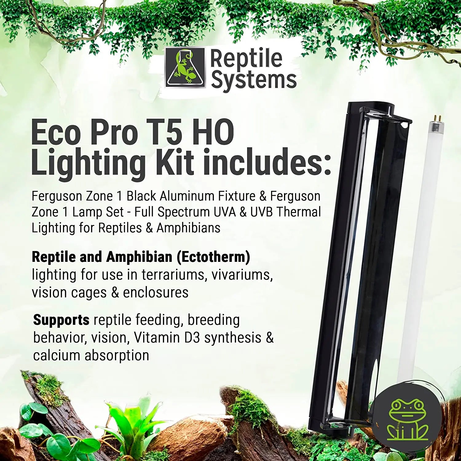 Reptile Systems Full Spectrum UVA & UVB Amphibian & Reptile Lighting T5 Light Fixture Zone 1 Lamp 2.4% Reptile Systems