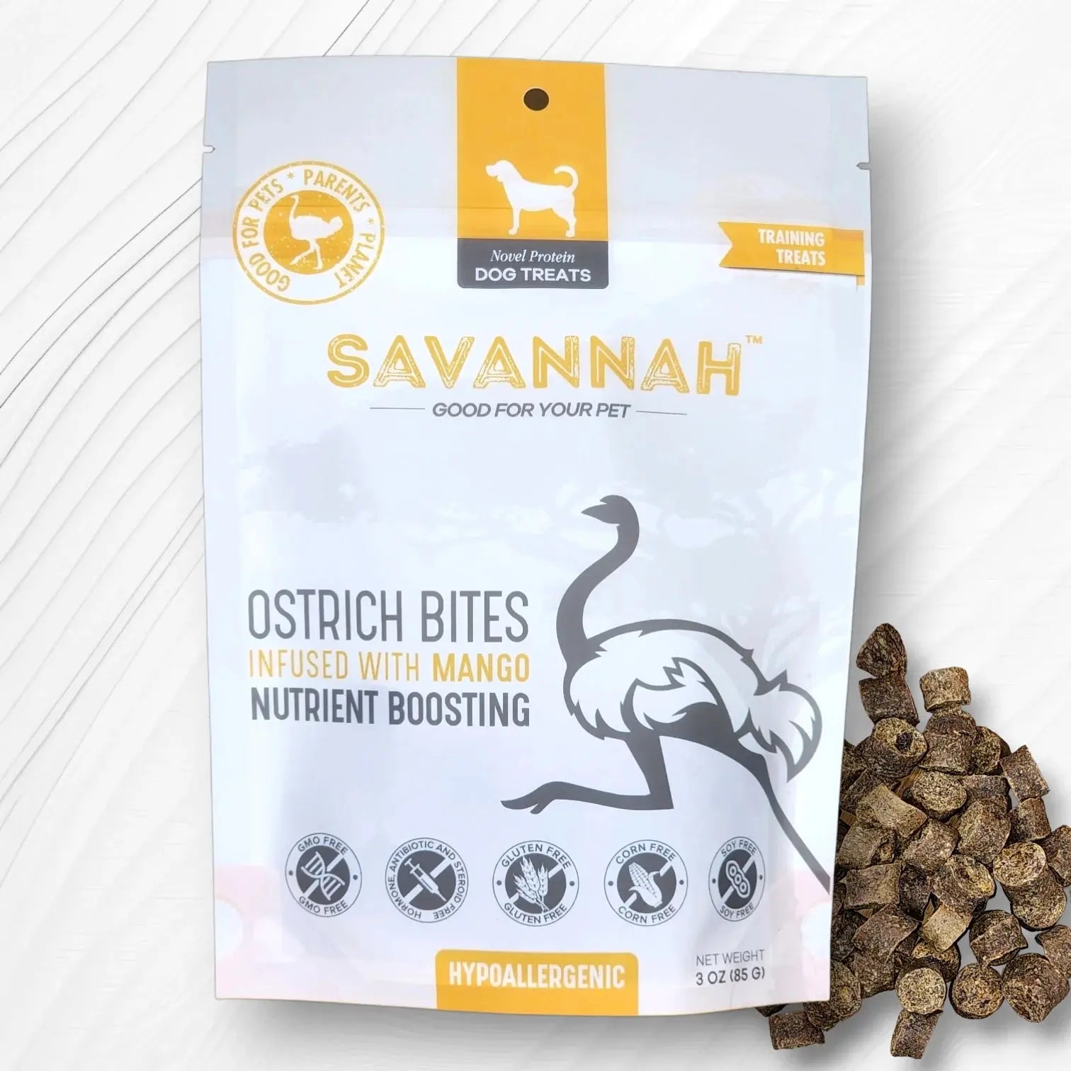 Savannah - Hypoallergenic Ostrich Bites. Dog Treats with Nutritious Mango 3oz Savannah Pet Food