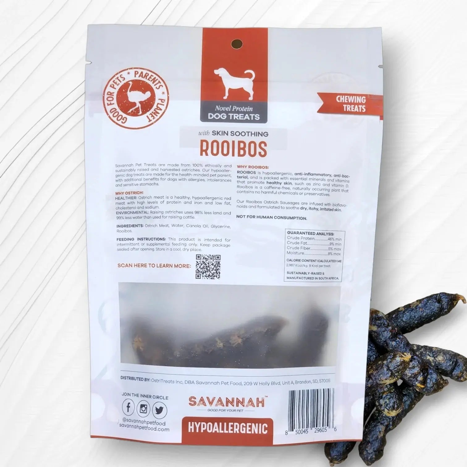 Savannah - Hypoallergenic Ostrich Sausages. Dog Treats with Skin Soothing Rooibos Savannah Pet Food