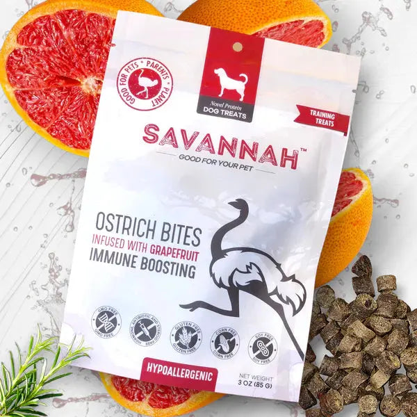Savannah Hypoallergenic Ostrich Bites. Dog Treats with Immune Boosting Grapefruit 3oz Savannah Pet Food