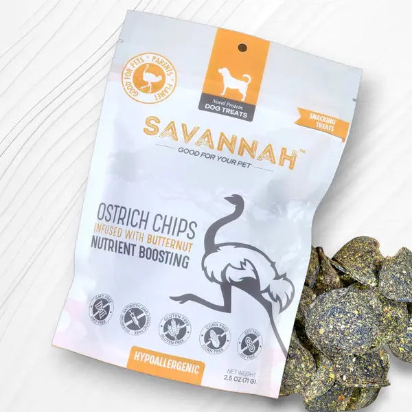 Savannah Hypoallergenic Ostrich Chips. Dog Treats with Nutritious Butternut  2.5oz Savannah Pet Food