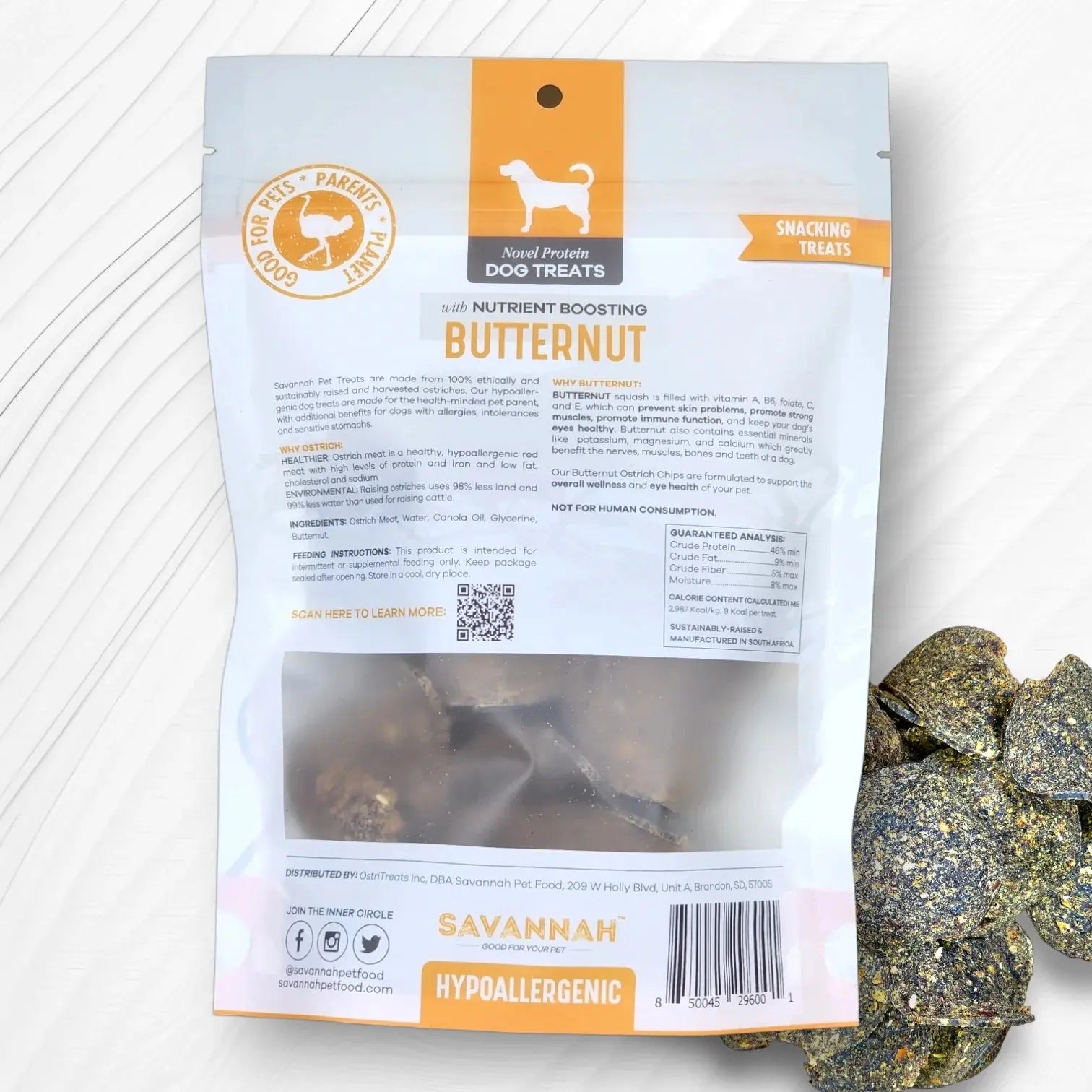 Savannah Hypoallergenic Ostrich Chips. Dog Treats with Nutritious Butternut  2.5oz Savannah Pet Food