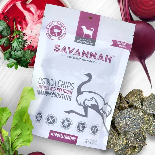 Savannah Pet Food Hypoallergenic Ostrich Chip Dog Treats with Immune Boosting Beetroot 2.5oz Savannah Pet Food