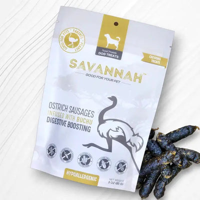 Savannah Pet Food Hypoallergenic Ostrich Sausages Dog Treats with Digestive Boosting Buchu Savannah Pet Food
