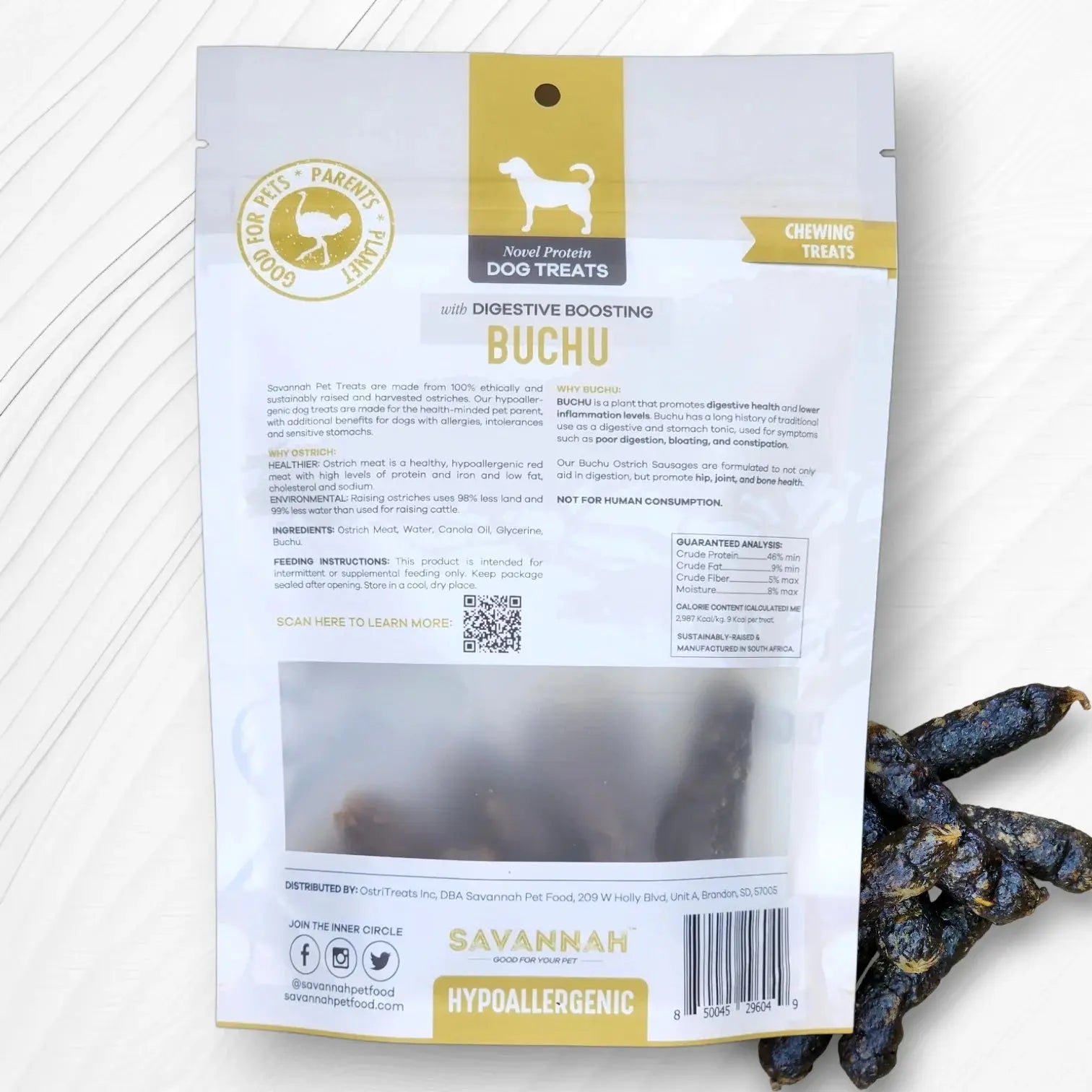 Savannah Pet Food Hypoallergenic Ostrich Sausages Dog Treats with Digestive Boosting Buchu Savannah Pet Food