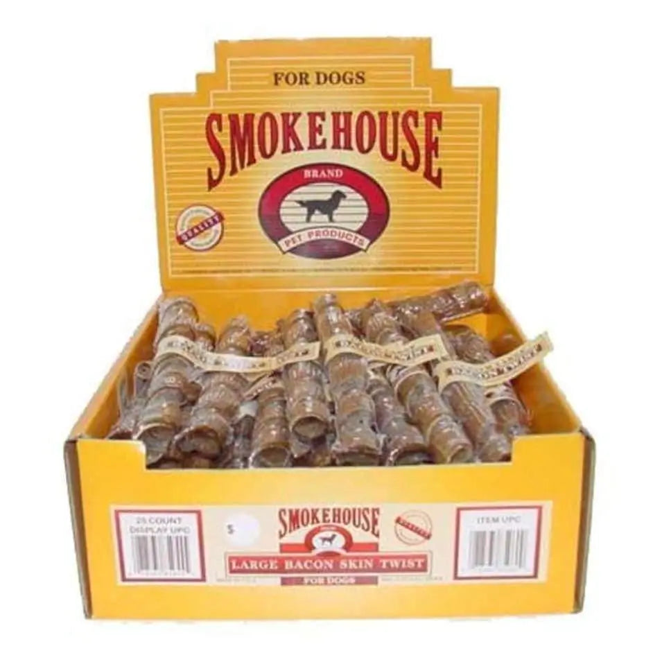 Smokehouse USA Made Bacon Skin Twists Dog Chew Shelf Display Box 25ea/Large, 25 ct Smokehouse