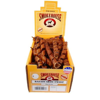 Smokehouse USA Made Bacon Skin Twists Dog Chew Shelf Display Box Small, 60 ct Smokehouse