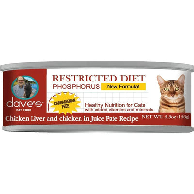 Dave's Pet Food Restricted Diet Phosphorus Chicken Liver & Chicken in Juice Pate Wet Cat Food 5.5oz can case of 24 - Talis Us