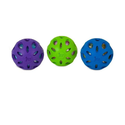 JW crackle ball dog toy set in purple, green, and blue for interactive playtime