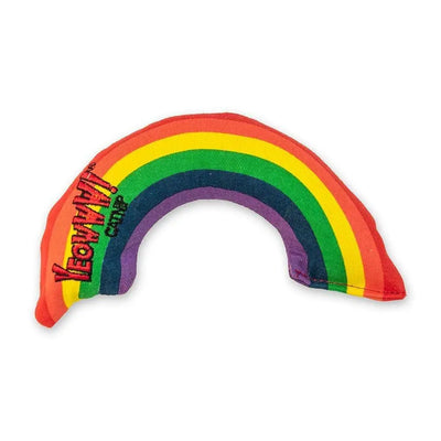 The Ducky World Yeowww!® Catnip Rainbow Toy for Cats features colorful stripes, Yeowww! and Catnip embroidery, and is filled with organic catnip to encourage playful interaction.